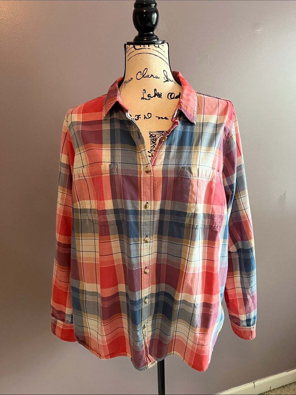 Sonoma Plaid Button-Up Shirt in Coral, Blue & Cream